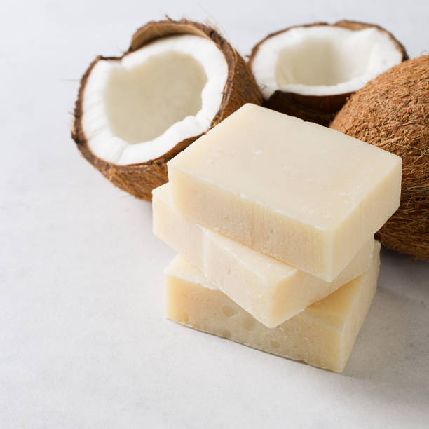 Coconut handmade soap, spa and body care concept, wellness, copy space, square